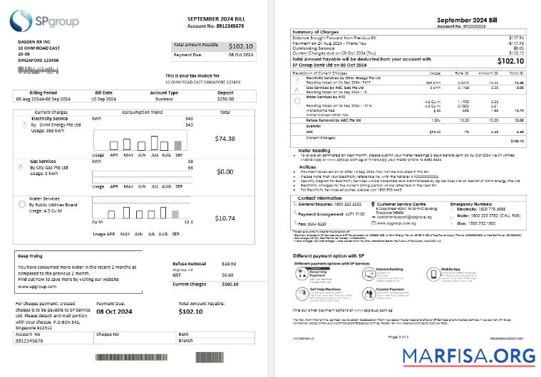Blank Singapore SP Group business utility bill template in Word and PDF formats (2 pages)